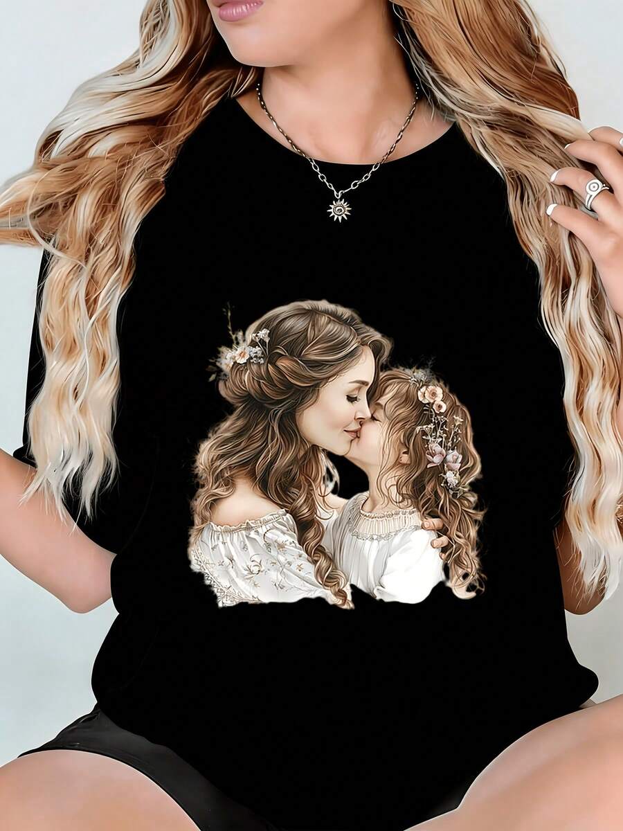 Mother And Daughter T-Shirts With A Kiss And Floral Wreaths, Designed For Comfort With A Crew Neck, Machine Washable, Perfect For Everyday Wear And Mother's Day - Black - View 1