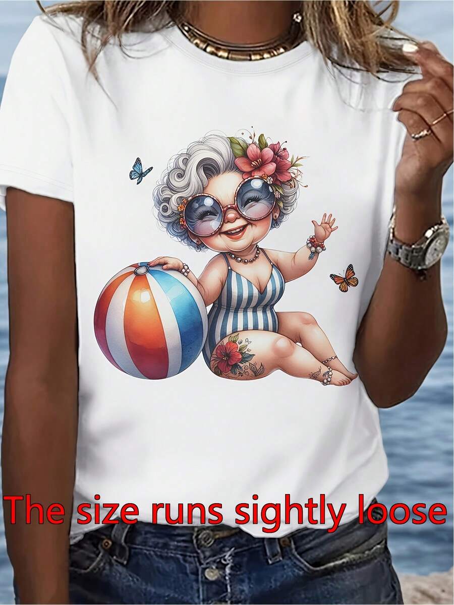 Camiseta divertida de la abuela en la playa - manga corta de verano humorista con cuello de la abuela y el diseño de la playa, regalo informal adecuado para amigos y familia, trajes de primavera y verano, ropa de playa lavable a máquina
