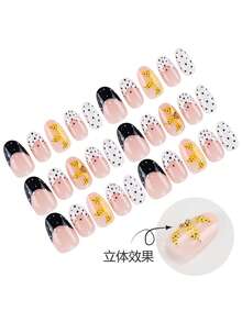 24片装杏仁/波点法式美甲贴片+手绘黄色花朵美甲图案，复古俏皮，充满夏日气息，简约时尚 - 彩色 - 查看 4
