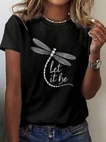 Casual Short-Sleeve T-Shirt with a Dragonfly Design, Perfect for Women'S Wear During Occasions Like Easter, Halloween, And Thanksgiving - Negro - Ver 2