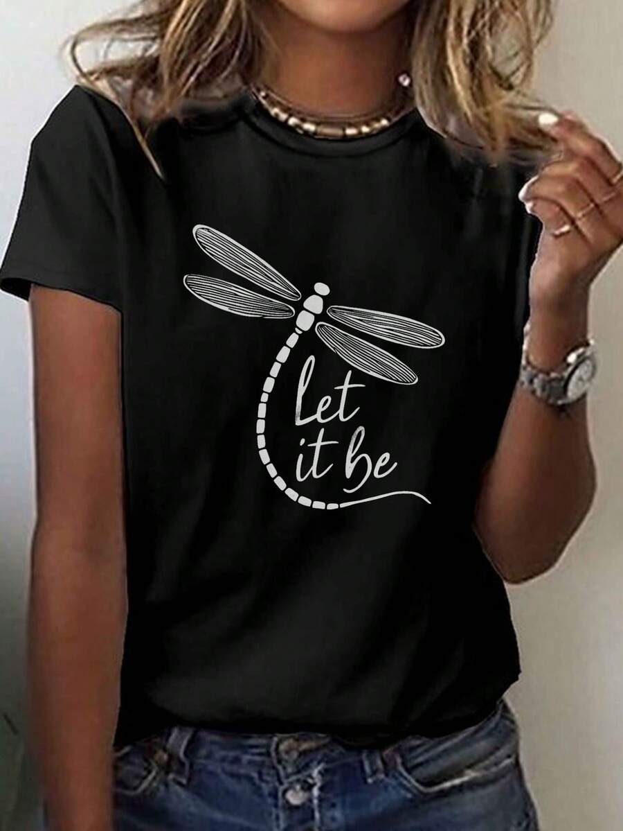 Casual Short-Sleeve T-Shirt with a Dragonfly Design, Perfect for Women'S Wear During Occasions Like Easter, Halloween, And Thanksgiving