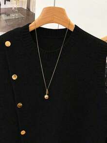 1 pieza Chaleco sin mangas de punto de unicolor con cuello redondo corto, diseño asimétrico con botones, accesorio de moda, chaleco versátil de punto para el verano - Negro - Ver 4