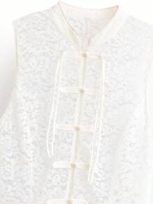 ZAHM Áo vest không tay ren trắng kiểu Trung Quốc | Áo vest cổ đứng không tay cài nút kiểu Trung Quốc | Áo kiểu xếp lớp thanh lịch mùa xuân/hè - trắng - Xem 12