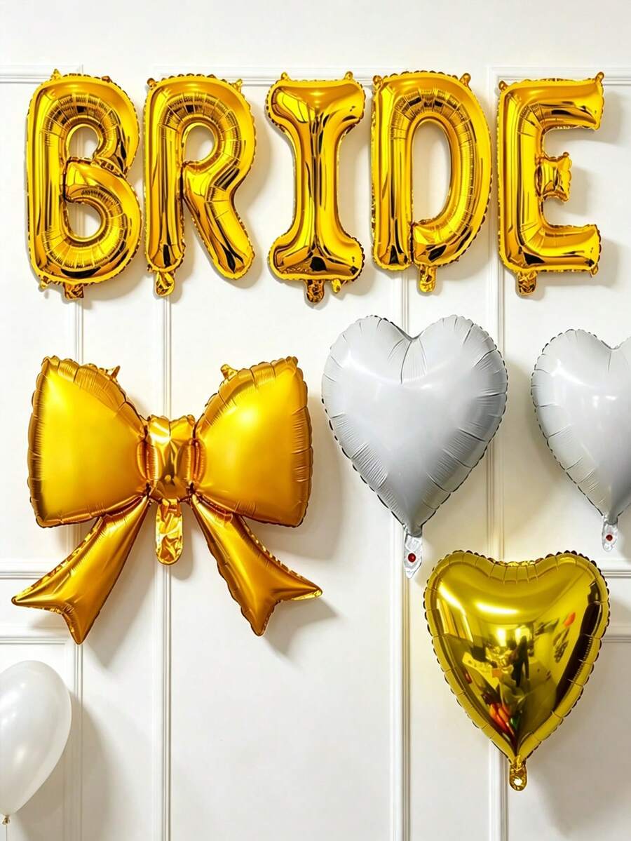 kumozawa 14pcs Bridal Shower Party Decorations, 16" Rose Gold/Silver/Gold "Bride" Foil Balloons, Matte Bow Balloons, 18" Rose Gold/Silver/Pink/White Heart Foil Balloons, Suitable For Wedding Season, Bachelorette Party, Bridal Room Decor - 14pcs - View 1
