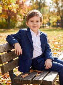 3-10 Years Old Boys Plaid Suit Jacket With Buttons, Lapel Formal Blazer, Navy Blue - Navy Blue - View 1