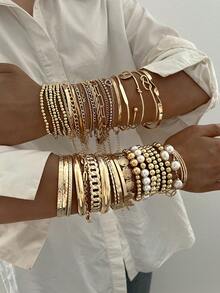 22/9/7 Pcs Fashionable Minimalist Elegant Delicate Vintage Design Geometric Strap, Shell Faux Pearl Beaded Splice Design, Lock Chain, Twist Knot, Round Bead, Braided, Cross Round Slice, Rhinestone, Shiny, Embossed Texture Snake Bone Chain, Box Chain, Metal Minimalist Plain Chain Bracelet Set, Suitable For Holiday, Party, Gift - Yellow Gold - View 4