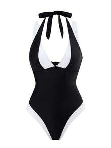 Women's Sexy Black And White Colorblock V-Neck Tank Style One-Piece Swimsuit Medium Stretch Bikini Vacation Beach Summer - Black - View 5