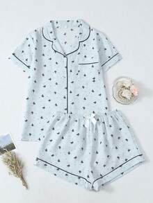 Bow Print Short Sleeve & Shorts Pajama Set For Women - Baby Blue - View 1