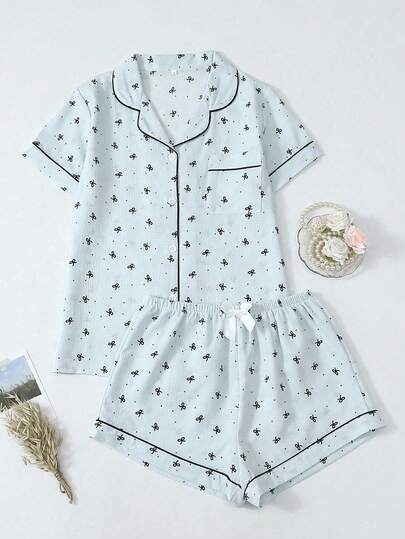 Bow Print Short Sleeve & Shorts Pajama Set For Women