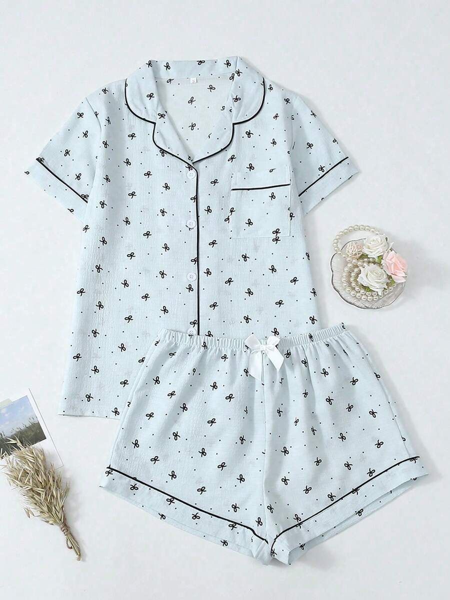 Bow Print Short Sleeve & Shorts Pajama Set For Women - Baby Blue - View 1