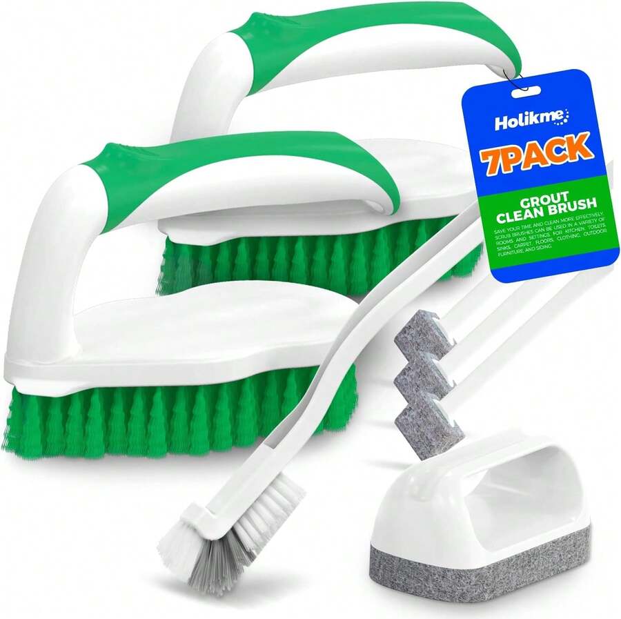 Holikme 7 Pack Deep Cleaning Brush Set, Scrub Pads With Scraper Tip For Pool Walls, Bathroom, Grout, Floor, Bike, Tub, Shower, Kitchen Surface (Green) - ColorD - View 1