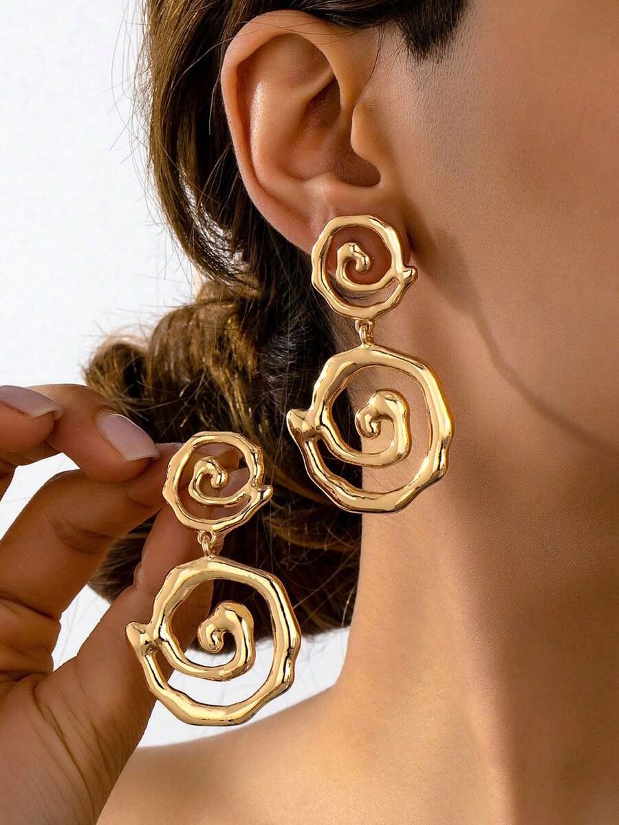 1 Pair Elegant Gold Spiral Vortex Drop Earrings, Abstract Metal Design Earrings For Women, Suitable For Daily Wear, Party, Banquet, Vacation, Date, Work Commute, Jewelry, Summer Beach Holiday Accessory - Gold - View 1