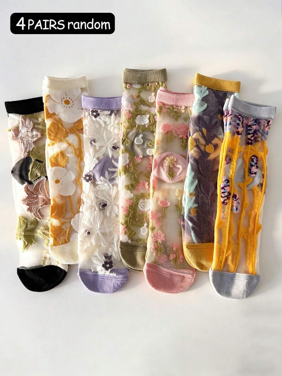 ZHIYITANG 4双随机复古碎花图案透明玻璃丝袜,甜美时尚,透气舒适,吸湿排汗,适合春夏秋季穿着,休闲/运动/街头/校园/优雅场合皆宜。 - 彩色 - 查看 1