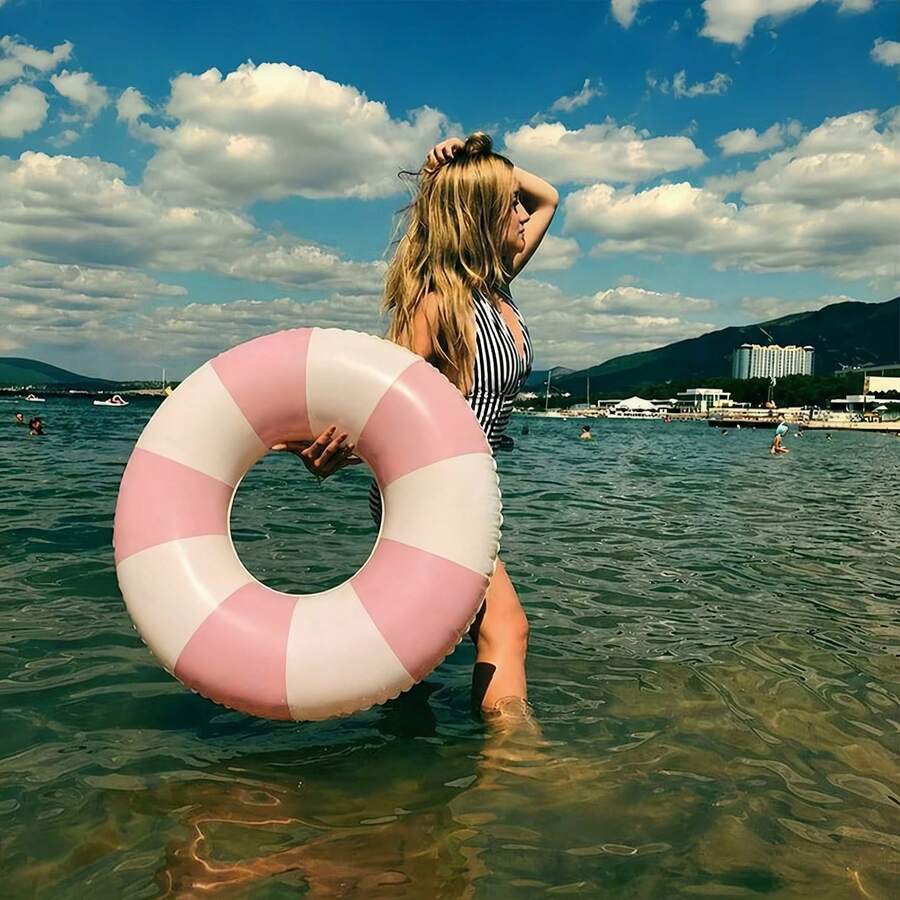 Flotador inflable a rayas rosa y blanco, tamaño adulto, flotador de piscina a rayas retro, tubo clásico redondo para fiestas en la playa - Rosa - Ver 1