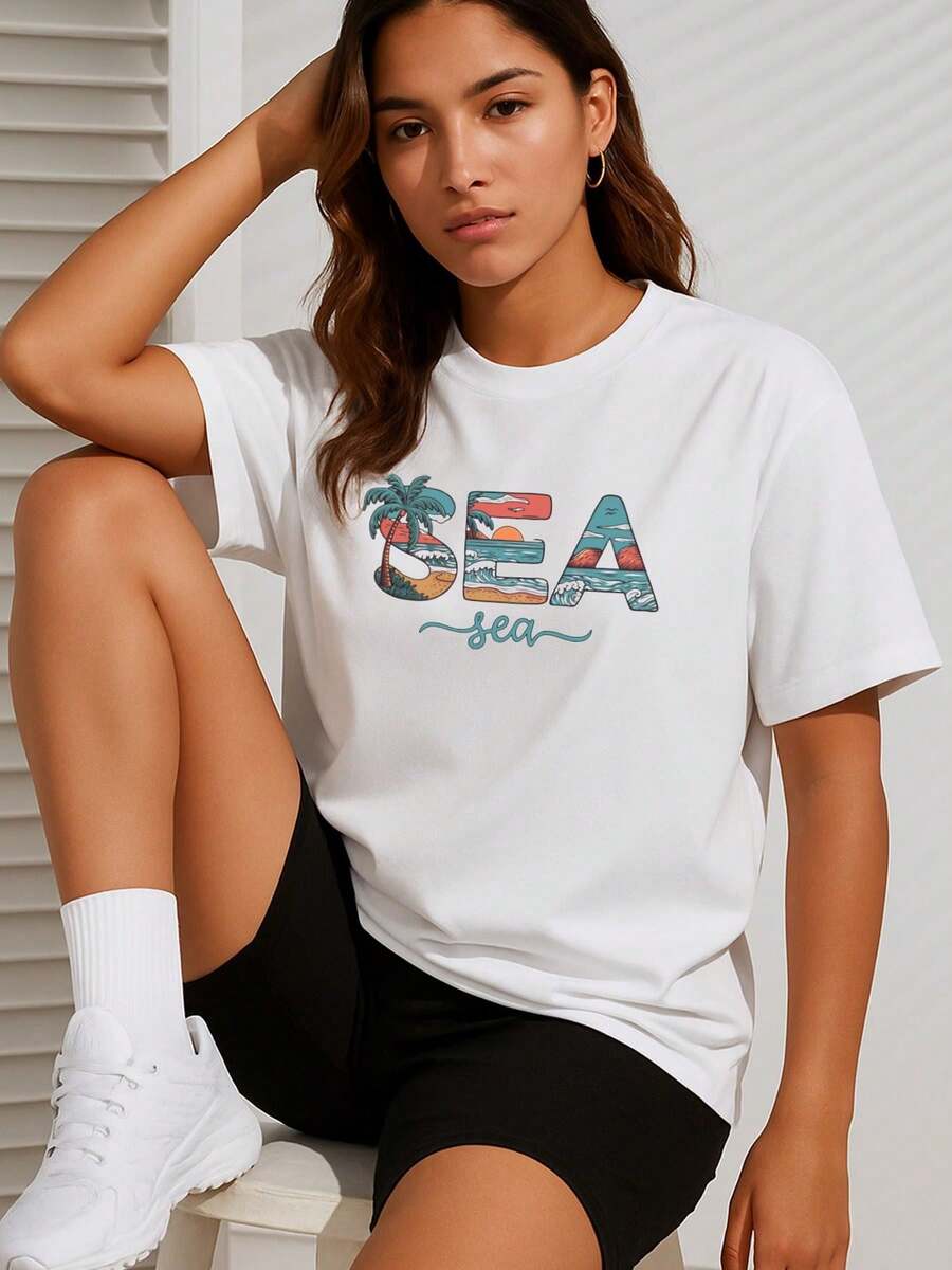 Camiseta pesada 180GSM de 1pc de las mujeres - Camiseta de playa de ajuste suelto de impresión de palmera tropical y tabla de surf, cuello redondo de manga corta 100% transpirable Vestido de surf de verano casual para Hawai, México, el Caribe Vacaciones - Diseño de palmeras y olas