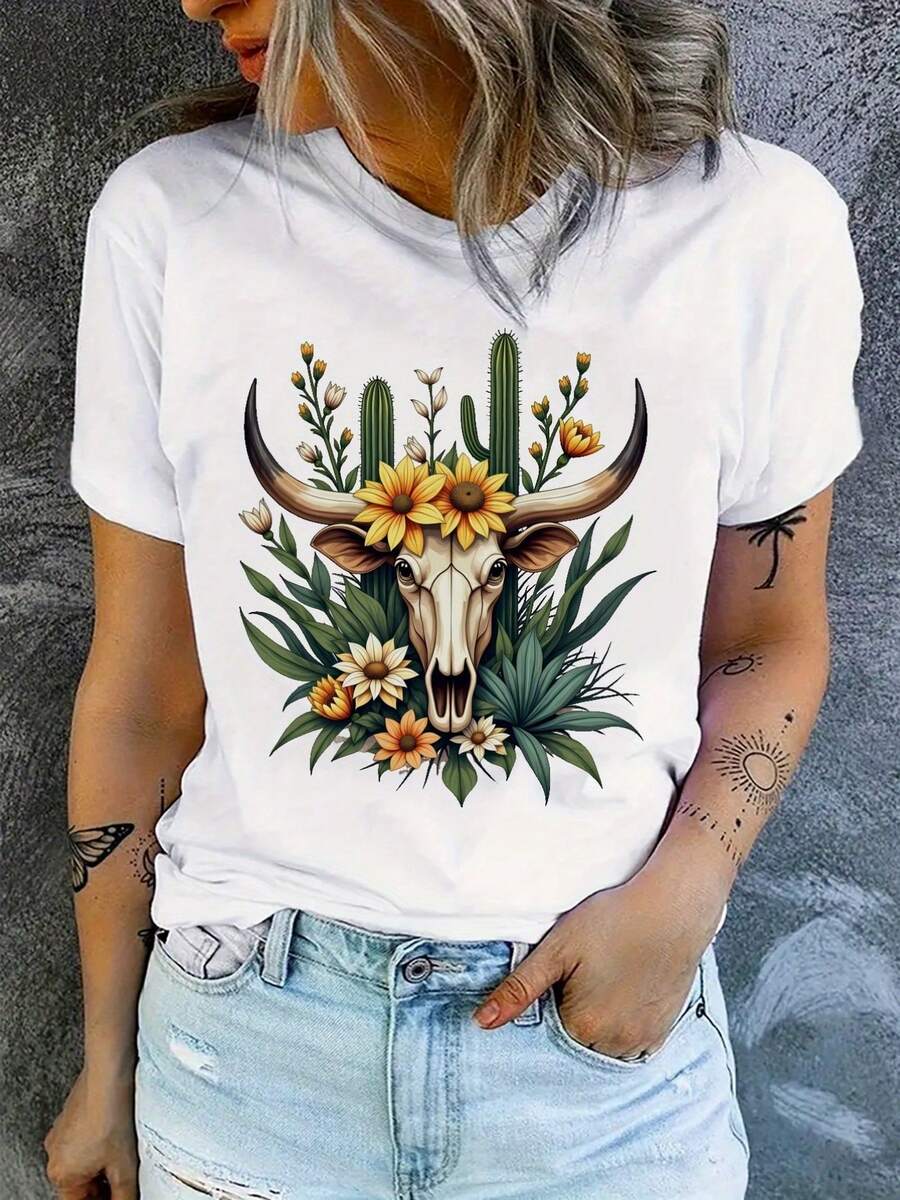 Women's Casual Short Sleeve T-Shirt - Western Cow Skull And Cactus Floral Print, Round Neck, Breathable, Comfortable Fit, Machine Washable, All Seasons, Casual Wear, Durable Fabric - Local Community Store In Stock, Fast Release, Soft Comfort, Enjoy The Discount - 白色 - 查看 1