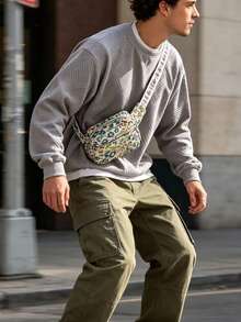Fashionable Chest Bag For Men, Spring/Summer New Waist Bag, Versatile Small Square Bag, Unique Floral Design Shoulder Bag, Minimalist Chest Bag For Men, City Bag - Blue - View 4