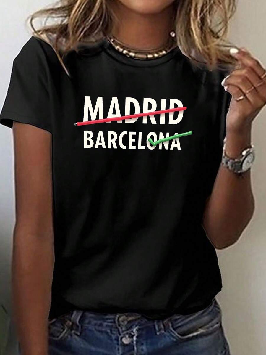 Camiseta casual de manga corta con cuello de tripulación con estampado a cuadros de Madrid y Barcelona, perfecta para primavera y verano, diseñada para mujeres