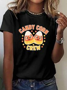 CANDY CORN CREW Playful Graphic Print T-Shirt, Short Sleeve Crew Neck Casual Top For Summer And Spring, Women's Clothing - 黑色 - 查看 1