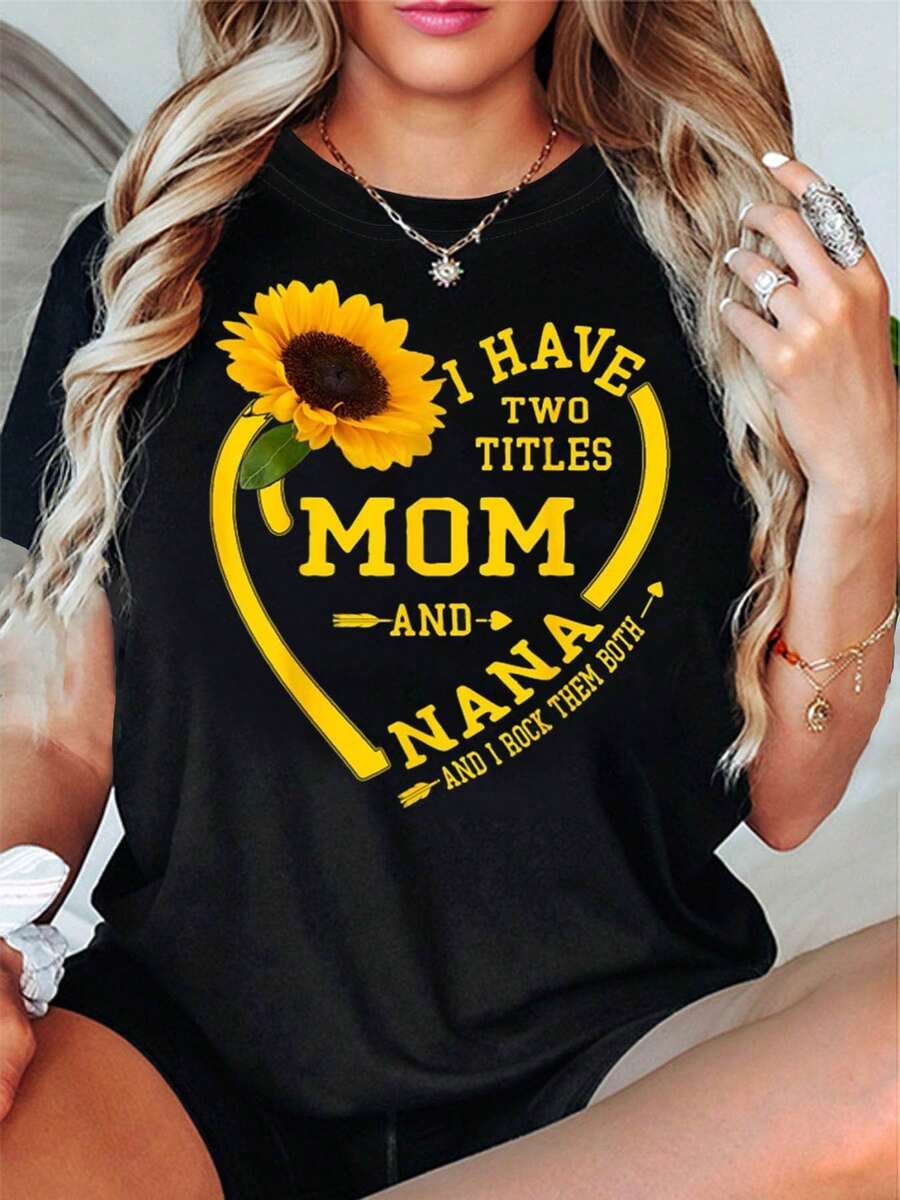 Mamá Nana Dos Títulos Girasol Corazón Carta Impresión Camiseta de la mujer primavera-verano de manga corta cuello tripulación casual camiseta, ocio diario, regalo de vacaciones