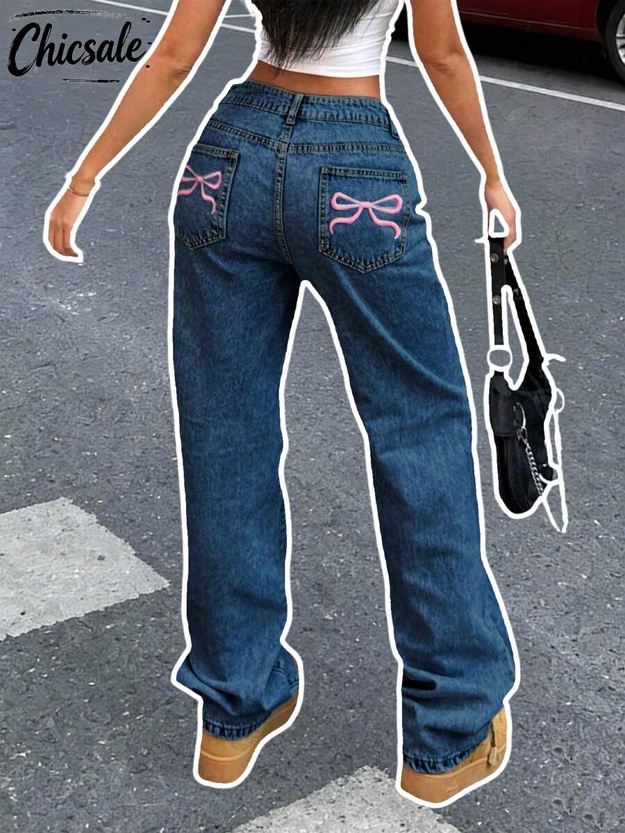 Women's Y2K Loose Straight Leg Jeans With Butterfly Embroidered Pockets Casual - Dark Wash - View 1