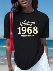 Teediy Wo Vintage 1968 T-Shirt - Retro 60s H-Line Fit Short Sleeve Round Neck Top with 1968 Logo Patch, Stretchy Elastane Suitable for Casual Wear, Machine Washable Solid Color Tee for Spring Summer Fall Outfits - Negro - Ver 2