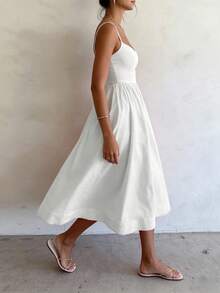 2026 Spring New Women's Clothing, Cross-Border European And American Dress, Sexy Waist-Cinching Pleated Solid Color Large Hem Strap Dress - 白色 - 查看 7
