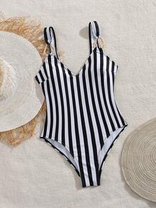 Women's Fashionable Sleeveless Striped One-Piece Swimsuit, High-Cut Design With Straps And Open Back, Perfect Bikini For Beach Wear Vacation - Black and White - View 5