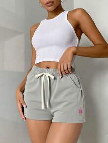 Damen Sommer Casual Sport Shorts, Tunnelzug Taille, Doppelte Seitentaschen, einzigartiges Stickerei Design, geeignet für Laufen, Yoga, Fitness und Training - Grau - Übersicht 8