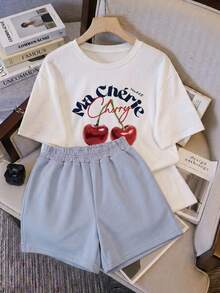 Conjunto set 2 piezas casual verano Camiseta Gráfica Ma Chérie shorts French Terry de Cintura Elástica ultra comodos ligueros ideal estilo casual diario casa pijamadas - Celeste - Ver 1