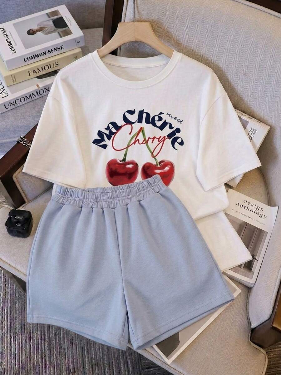 Conjunto set 2 piezas casual verano Camiseta Gráfica Ma Chérie shorts French Terry de Cintura Elástica ultra comodos ligueros ideal estilo casual diario casa pijamadas - Celeste - Ver 1