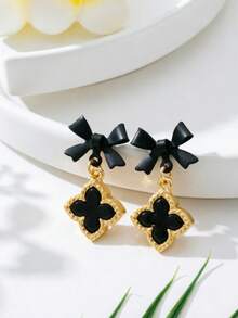 Bông tai nơ hình cỏ bốn lá phong cách Nhật Bản/Hàn Quốc, sang trọng, thanh lịch, quyến rũ, sáng tạo, ngọt ngào, đa sắc thái, tươi mới. - màu đen - Xem 2