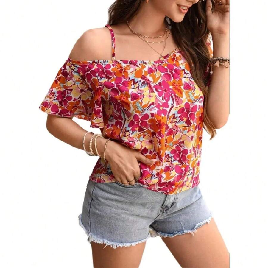 Top Camisero para Mujer, Estampado Floral, Tirantes Finos, Hombros Descubiertos, Manga Corta, Blusa Casual Boho para Primavera, Verano, Playa y Vacaciones - múltiple - Ver 1