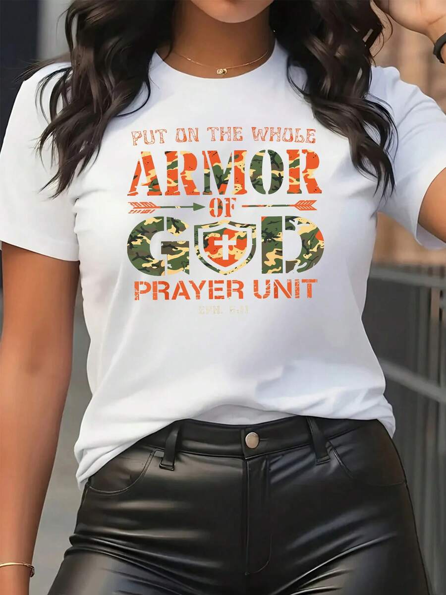 Camiseta de cuello redondo de manga corta con impresión de camuflaje de mujer - Estilo deportivo casual, suave y transpirable, hecho del 95% y el 5% a 180G, audaz, estilo callejero de moda, cómodo y versátil