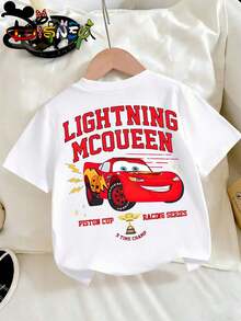 Disney Licensed Cars Lightning McQueen "Piston Cup" Double-Sided Print Kids' T-Shirt, Cute Cartoon Casual Tee, Perfect For Daily Wear, School Activities, Family Outings And Weekend Trips, Shipped From Local Warehouse - trắng - Xem 3