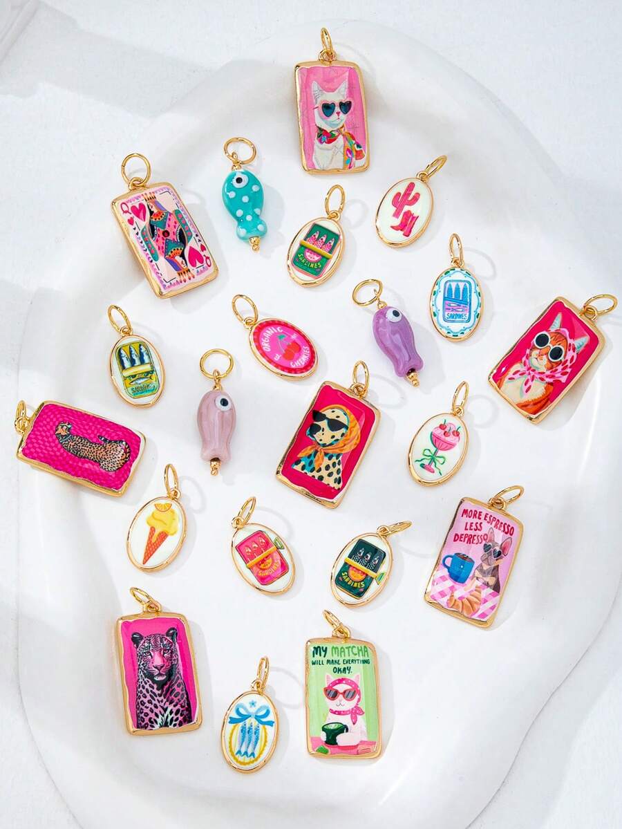 1pc Y2K Style Enamel Cat & Fish Pendant, Gold Plated DIY Jewelry Making Accessory, Summer Theme Pendant Suitable For Bracelet, Necklace, Earrings Handcraft, Pendant DIY Material - Multicolor - View 1