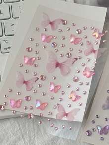 20pcs/15pcs/12pcs/1pc Y2K 粉色亮片水鑽貼紙，可移除壓克力寶石裝飾貼花，含愛心、蝴蝶結與翅膀圖案，適用於DIY手工、筆電、手機殼及情人節裝飾 - 粉色 - 查看 15