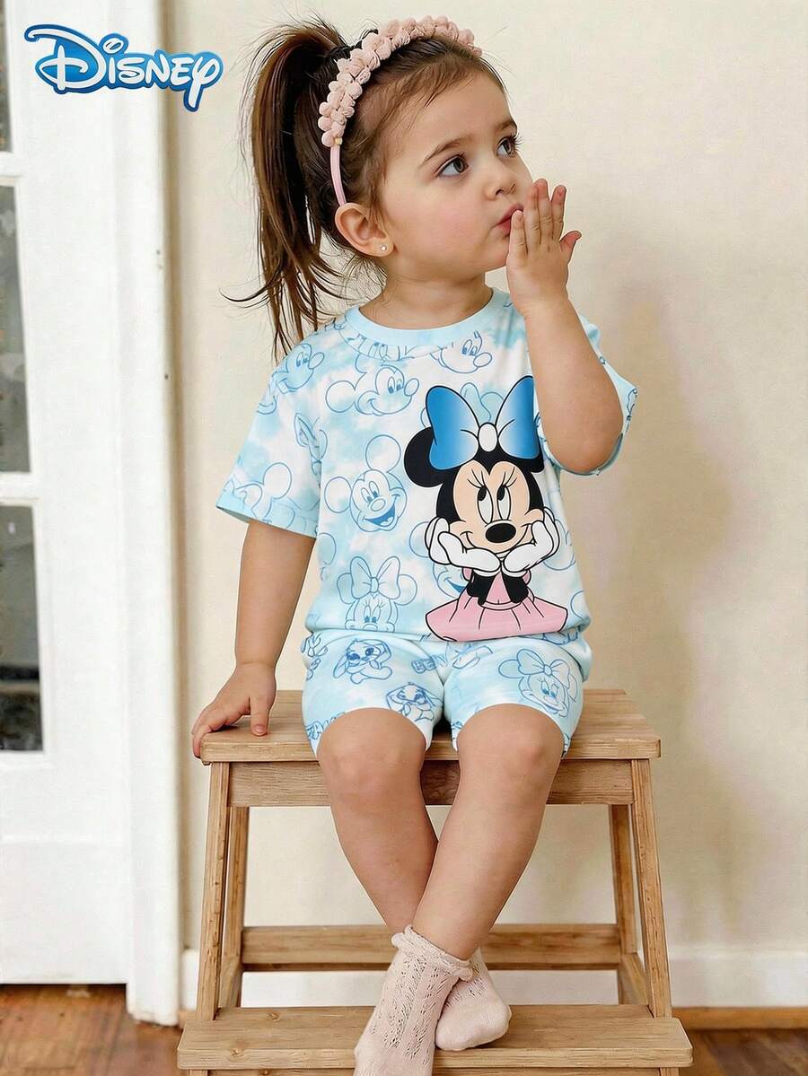 Disney Minimoy 嬰兒女童短袖 T 恤與短褲套裝，大蝴蝶結印花夏季套裝，可愛嬰兒女童休閒度假藍色彈性短褲戶外服飾 - 淺藍色 - 查看 1