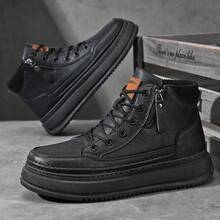 Men's Fashion Chunky Sole High-Top Sneaker Boots, Lace-Up Side Zip Leather-Like Boots For Daily Wear & Outdoor Activities, Comfortable Non-Slip Casual Shoes For Men - 黑色 - 查看 3