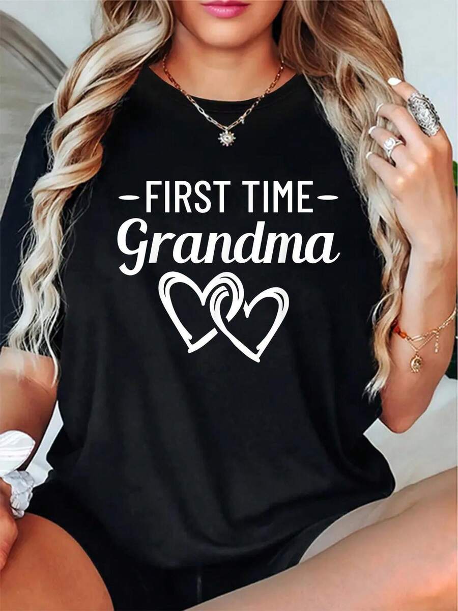 Black T-Shirt For First-Time Grandmas - Comfortable Round Neck, Short Sleeves Featuring A Heart Design, An Ideal Present For New Grandmothers, Casual And Breathable, Gifts For Grandmas - 黑色 - 查看 1