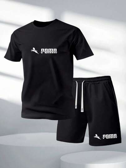Men's Summer Lightweight Polyester Fabric Short Sleeve T-Shirt And Shorts Set, Personalized Letter Print Pattern, Fashionable Casual Outfit With Pockets And Drawstring Waist Pants, Suitable For Running, Golf, Fishing, Basketball, Camping, Gym, Swimming And Beach, Great Gift For Husband Or Boyfriend