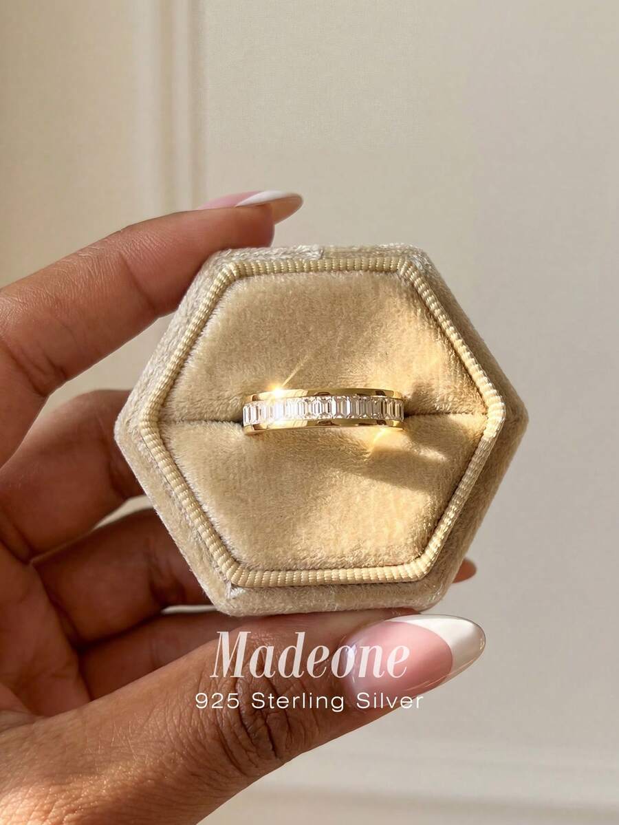 MADEONE 1枚925纯银几何戒指，镶嵌闪亮锆石，适合女性日常搭配，也可作为派对配饰，高品质女士戒指，精致珠宝礼品。