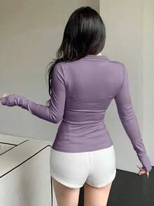 Chaqueta ajustada de punto para mujer, color morado sólido, manga larga, cuello alto y cierre de cremallera frontal, estilo deportivo casual y favorecedor, ideal para primavera y otoño, actividades al aire libre, gimnasio, yoga, uso diario y combinaciones con leggings y pantalones deportivos - Rosa 4 - Ver 8