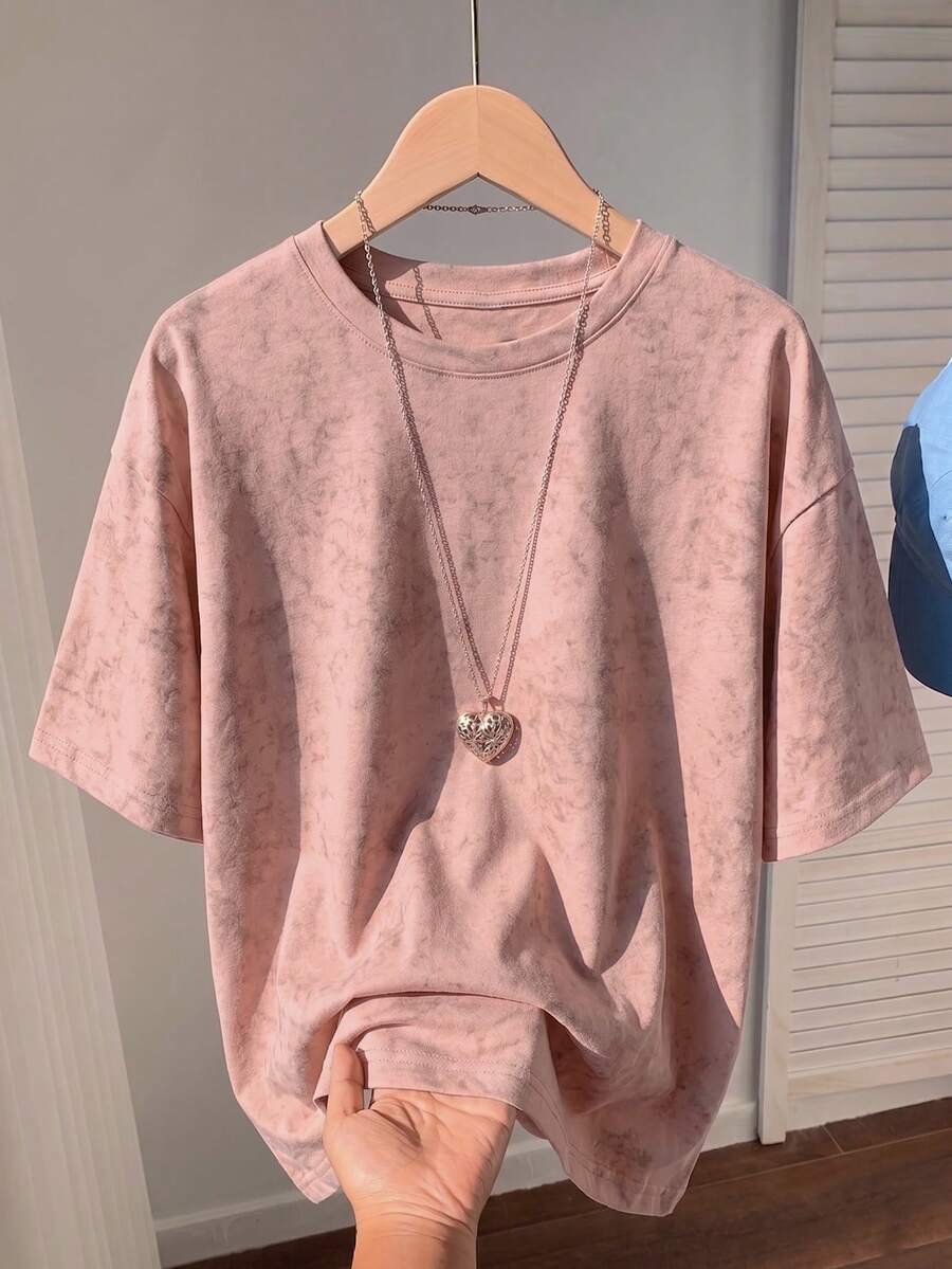 Camiseta de manga corta de cuello redondo con efecto tie-dye, de estilo casual y ajuste holgado, versátil para uso diario para mujeres - Rosa - Ver 1