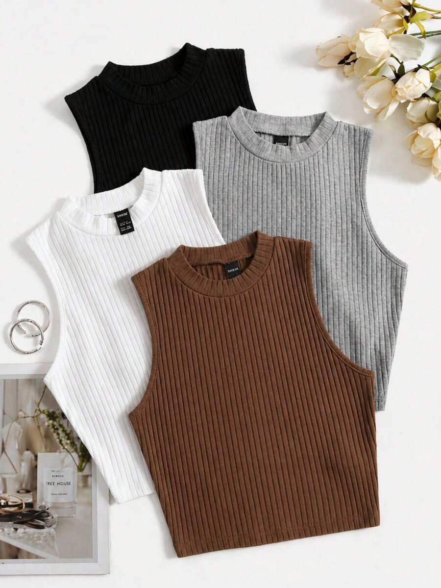 ÖZ PAMUK4pcs Summer Solid Mock Neck Rib Knit Tank Tops - Brown - View 1