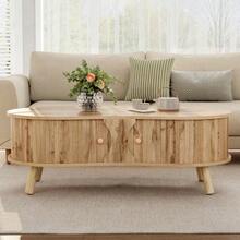 Pea-Shaped Coffee Table With Grooved Design, 2 Sliding Doors, Living Room Table, Wood Look, Solid Wood Legs, MDF Material. - Natural Color - View 5