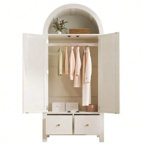 Wardrobe Measuring 181x78x45 Cm With Rattan Fabric, Rustic Style In White, Open Semicircular Shelf, 2 Doors With Magnetic Closure, 2 Drawers, Clothes Hanging Rail And Anti-Tip Device. - 白色 - 查看 1