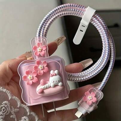 5 piezas Estuche protector de cargador con diseño de conejo lindo, enrollador de cable de datos, organizador de carga rápida de 18/20W, regalo elegante para novio/novia