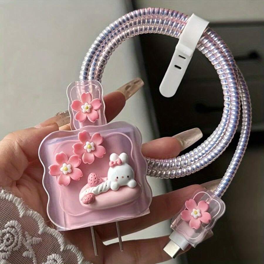 5个可爱兔子造型充电器保护套，数据线绕线器，18/20W快充头巾收纳器，送给男朋友/女朋友的优雅礼物 - 粉色 - 查看 1