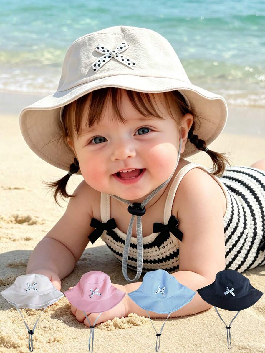 1顶幼儿儿童蝴蝶结渔夫帽,可调节下巴带透气遮阳帽,可爱休闲帽,适合男孩女孩,沙滩和户外活动 - 多色 - 查看 1